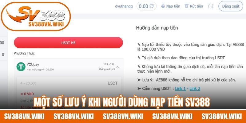 Một số lưu ý khi người dùng thanh toán nạp tiền SV388